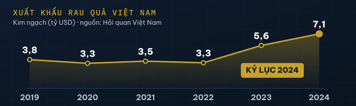 Biểu đồ kim ngạch xuất khẩu rau quả Việt Nam 2019–2024